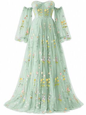 Fairy Tulle Prom Dresses Flower Embroidery Long Sleeves Women Formal Gowns